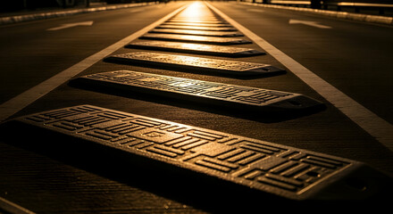 Poster - Abstract Pattern of Speed Bumps Leading Toward a Distant Light Source at Twilight