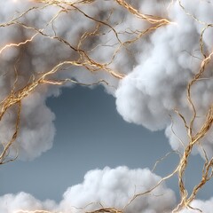 Poster - Fluffy white clouds float on a dark backdrop, creatively interlinked with shimmering golden lines for an artistic effect SEAMLESS PATTERN