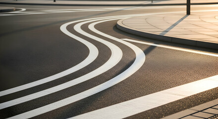 Poster - Abstract Road Markings Create A Dynamic Visual On Asphalt With Golden Hour Sunlight