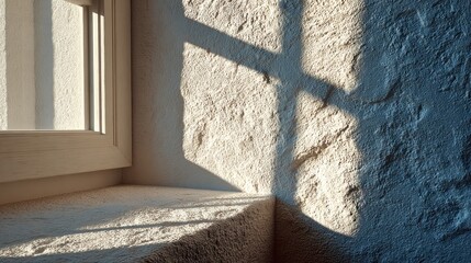 Poster - Sunlight filters through the window, creating patterned shadows on a textured wall. The soft colors and warm light enhance the peaceful atmosphere in the interior.
