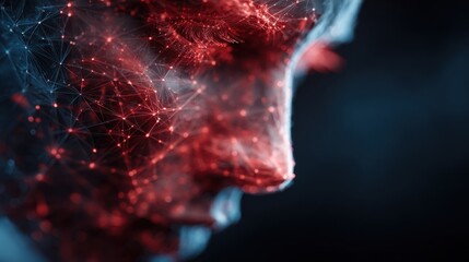 Fototapete - A close-up view of a human-like figure's profile, featuring vibrant red and blue neural patterns that give a sense of depth and technology. The background enhances the futuristic atmosphere.