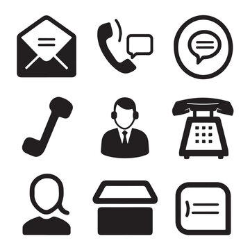 A comprehensive set of communication icons featuring vector symbols for web, business, and internet media, including phone, computer, and social design buttons