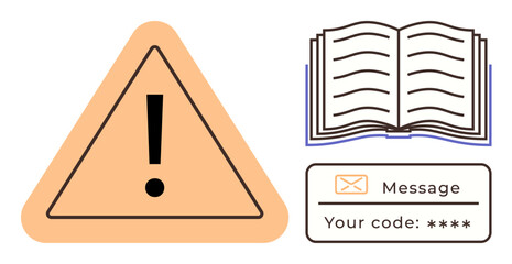 Poster - Warning triangle with exclamation mark, open book outline, and message box with code emphasize alertness, information sharing, and data security. Ideal for safety, education, communication, digital
