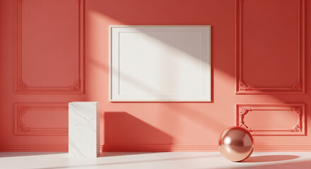 Poster - Coral-colored wall with ornate molding, showcasing a blank frame, marble pedestal, and metallic sphere Mockup, ideal for product display or elegant design presentation