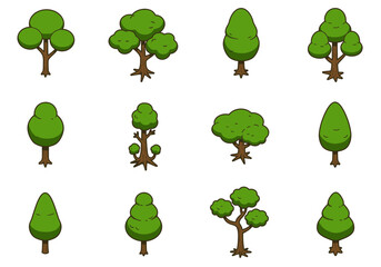 Poster - Cartoon Trees Collection Green Foliage Brown Trunks Stylized Forest Elements.