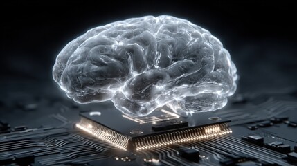 Poster - A glowing brain is depicted above a microchip, representing the convergence of human intelligence and advanced technology. This artwork symbolizes innovation and future possibilities.