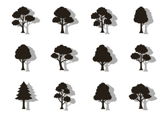 Poster - Collection of stylized tree silhouettes with shadows featuring various shapes and sizes.