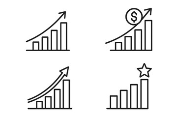 Poster - A set of growing graph icons in line style is available, featuring business charts with arrows, growth charts, profit growth, and success symbols in a simple black vector illustration for apps and