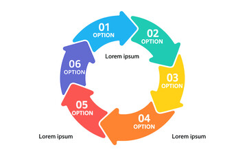 Poster - Infographic featuring vector circle arrows, cycle diagram, labels graph, and stickers for presentation charts, illustrating a business concept with 6 distinct options, parts, steps, and processes, as