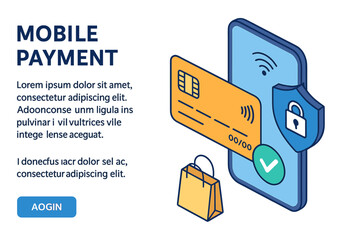 Fototapete - The concept of mobile payments is illustrated in an isometric banner, emphasizing security and protection for contactless transactions via mobile phone with an NFC chip