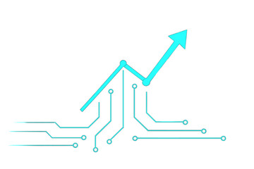 Poster - A dark blue background features a business arrow pointing up, symbolizing growth, alongside a circuit technology line, representing the path to successful financial investments and profits through