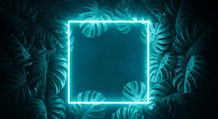 Aufkleber - Neon teal frame on dark background, surrounded by large tropical leaves, creating a vibrant, exotic mood, ideal for summer or tropical themed designs