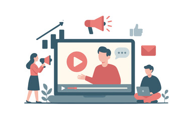 Poster - Vector illustration of a webinar, featuring flat tiny persons and a marketing video tool concept