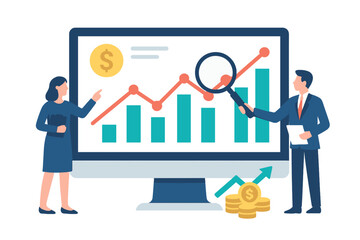Poster - Business professionals analyze financial data and investment reports on a computer screen displaying graphs and analytics