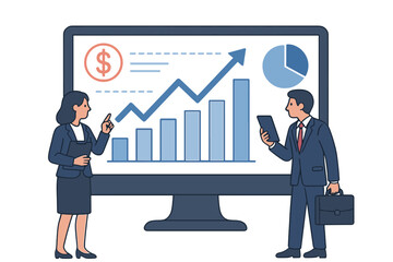 Poster - Concept of business people analyzing and monitoring investment and finance reports displayed on a graph on a computer monitor