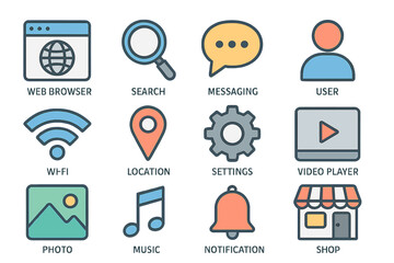 Fototapete - Collection of two-dimensional icons for internet and mobile applications and services