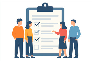 Fototapete - People are gathered around a clipboard holding a document, accompanied by a stamp and pen, illustrating concepts of contracts, agreements, and signatures in a modern flat design vector illustration