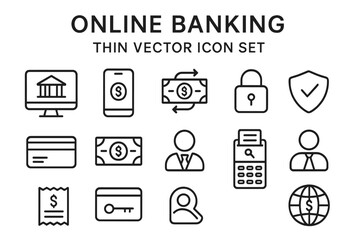 Fototapete - Online banking icons are available as a thin vector set in black and white