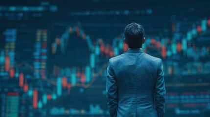 Poster - A business professional stands with his back turned, observing digital stock market charts illuminated on a large screen. The environment signifies a high-tech trading atmosphere.