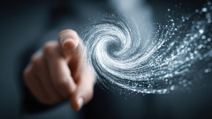 Poster - A hand is reaching out, fingers extended, toward a dazzling vortex of sparkling particles. This dynamic motion symbolizes creativity and the flow of ideas.