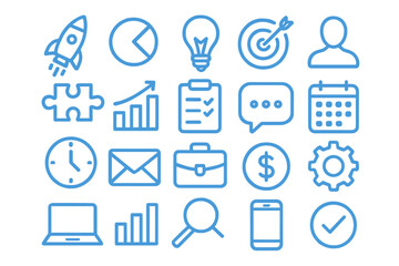 Poster - A set of hand-drawn doodle line icons representing business ideas and startup concepts, including illustrations of rockets, targets, and brains, is available in a vector format
