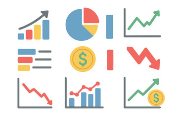 Fototapete - Vector illustration of business graphs, charts icons, and infographics icons, including statistic and data, charts diagrams, money, and economy reduction symbols