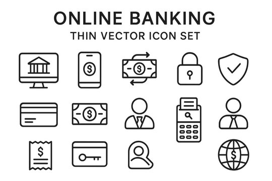 Online banking icons are available as a thin vector set in black and white