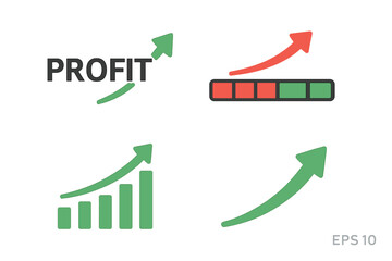 Poster - Growing green and red arrow icons represent profit, isolated as a vector icon, accompanied by a progress bar and graph icons indicating growth and success