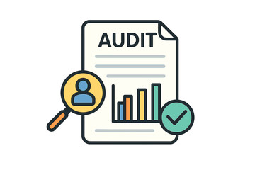 Poster - Audit, financial report and research. Document of analyze with chart of result. Icon for data, auditor and verification. Audit paper for accountant. Sheet of tax, risk and control. Vector