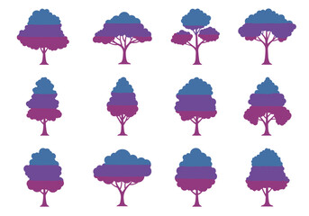 Poster - Stylized Trees Collection with Blue and Purple Foliage, Isolated on White Background