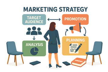 Fototapete - Modern Isometric Concept Illustration - Marketing strategy in flat color