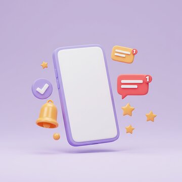 3D rendering of a smartphone with notification icons, including messages, a bell, and a checkmark, floating against a pastel purple background.