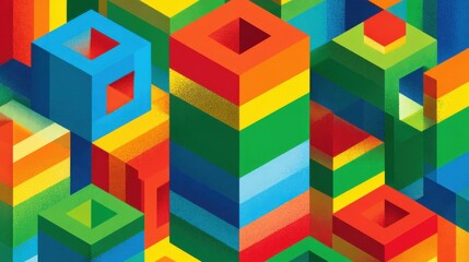 Fototapete - In this digital artwork, numerous colorful geometric blocks in shades of red, green, blue, and yellow form an intricate abstract composition.