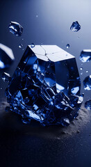 Poster - Shattered blue crystal, fragmented structure on dark background, showcasing texture and fragility, symbolizing destruction or transformation, ideal for abstract or dramatic concepts