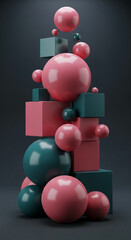 Poster - Abstract image of pink and teal spheres and cubes, stacked to form a visually interesting structure, showcasing a modern and minimalist design concept