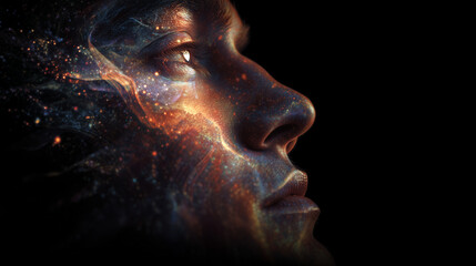 Wall Mural - A focused face with glowing abstract thoughts becoming a galaxy