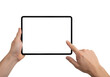 © Pixel_Glow - Male hands holding a digital tablet with a blank screen, finger tapping it. Isolated on transparent background, png