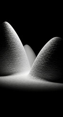 Poster - Abstract grayscale image of three textured mounds against a black background, creating a minimalist and serene landscape, suggestive of calmness and contemplation