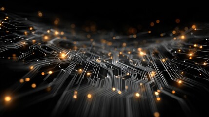 Leinwandbilder - A close-up view of a complex circuit board pattern with glowing lights scattered throughout.