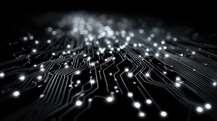Fototapete - Glowing points of light illuminate an intricate electronic circuit board pattern against a black background, showcasing technology and design intricacies.