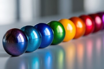 Poster - Colorful metallic balls arranged in a row on a reflective surface indoors
