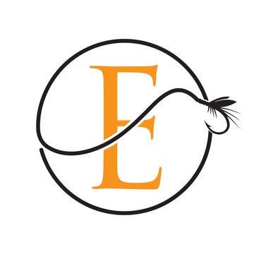 Initial Letter E Fishing Logo Design Concept With Fishing Hook Symbol Vector Template