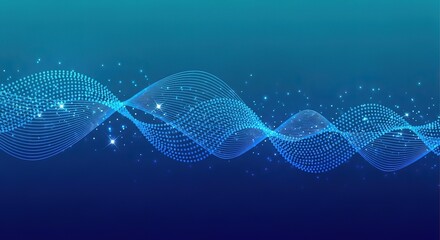 Fototapete - Abstract glowing blue wave patterns with sparkling particles on a dark blue gradient background