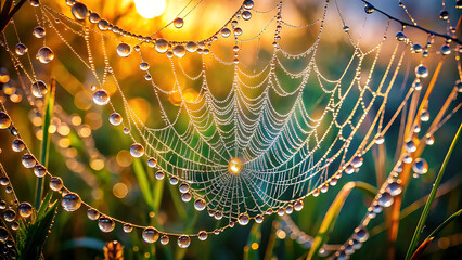 Dew-Kissed Spiderweb at Sunrise:  Golden Hour Macro Photography of Nature's Intricate Design