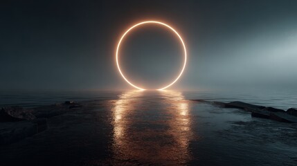 Poster - A glowing circle casts reflections on the tranquil surface of the water near rocky formations during twilight. The atmosphere is serene and mysterious, evoking wonder.