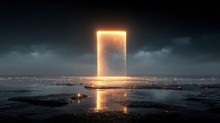 Wall Mural - a glowing rectangular portal stands on a rocky shoreline, reflecting golden light on calm waters. da