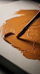 Poster - Close-up of brown paint texture applied with brush on canvas, showing paint strokes and texture, representing artistic process and creativity