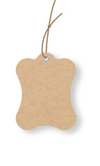 Poster - Blank slightly curved cardboard price tag with a string and eyelet hanging on a white background, creating a simple yet effective visual for retail and pricing concepts