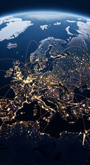 Poster - Night view of Europe from space, illuminated cities connected by glowing lines, showcasing global connectivity and communication networks