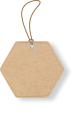 Poster - Realistic hexagonal cardboard tag hanging from a knotted string, isolated on a white background, creating a simple yet effective visual for retail, product labeling, or gift giving concepts